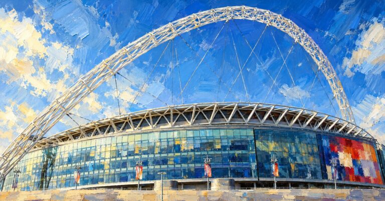 Editorial oil painting of Wembley Stadium in London, with abstracted figures and unbranded architecture.