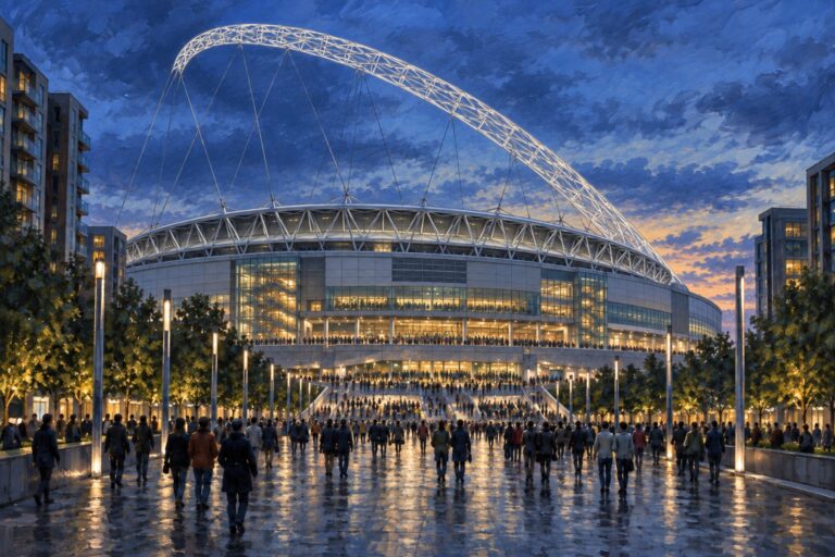 Editorial oil painting of Wembley Stadium and its arch at blue hour.