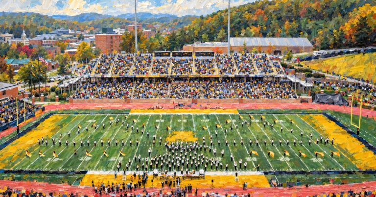 Editorial oil painting of Kidd Brewer Stadium in Boone, with abstracted figures and unbranded architecture.