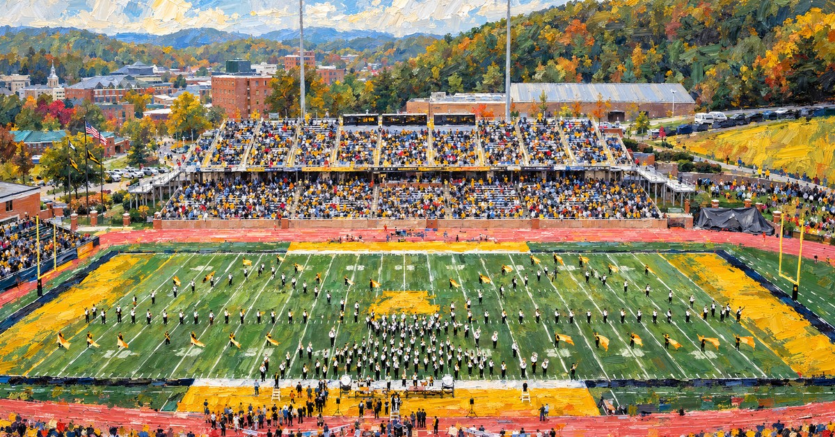 Editorial oil painting of Kidd Brewer Stadium in Boone, with abstracted figures and unbranded architecture.