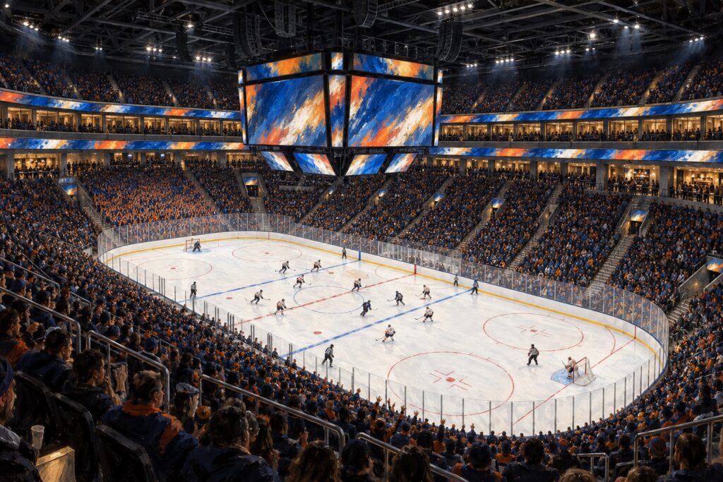 Illustrated interior of UBS Arena in Elmont during a professional ice hockey game