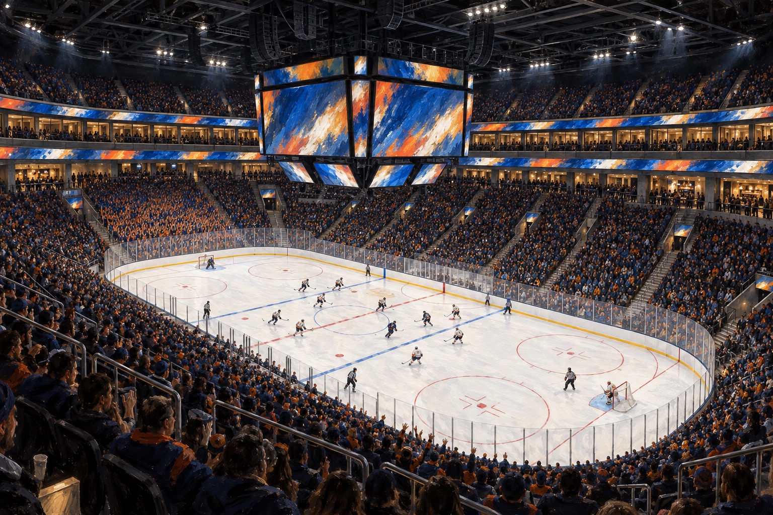 Illustrated interior of UBS Arena in Elmont during a professional ice hockey game