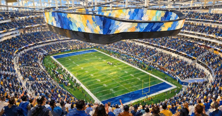 Editorial oil painting of SoFi Stadium in Inglewood, with abstracted figures and unbranded architecture.