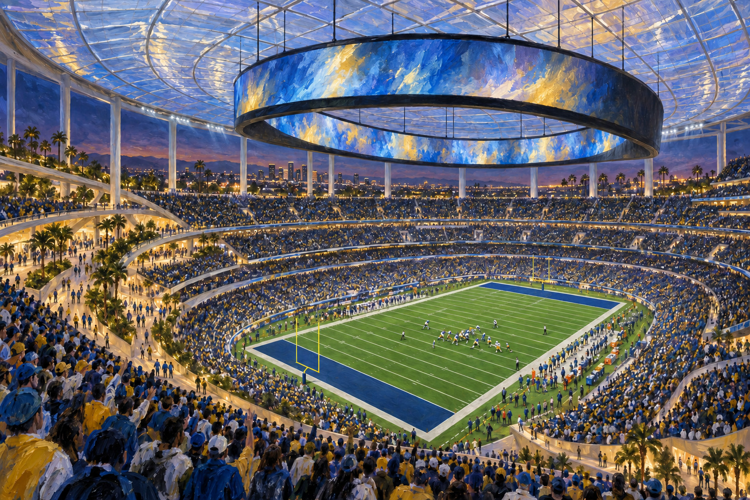 Oil painting of SoFi Stadium on game day