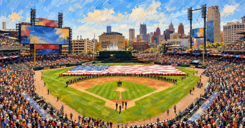 Editorial oil painting of Comerica Park in Detroit, with abstracted signage and anonymous figures.