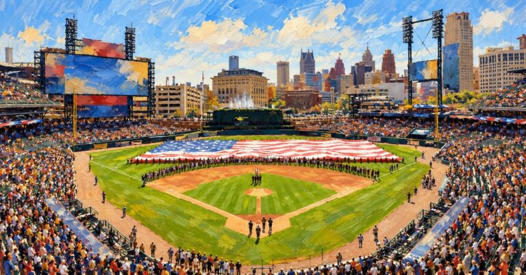 Editorial oil painting of Comerica Park in Detroit, with abstracted signage and anonymous figures.