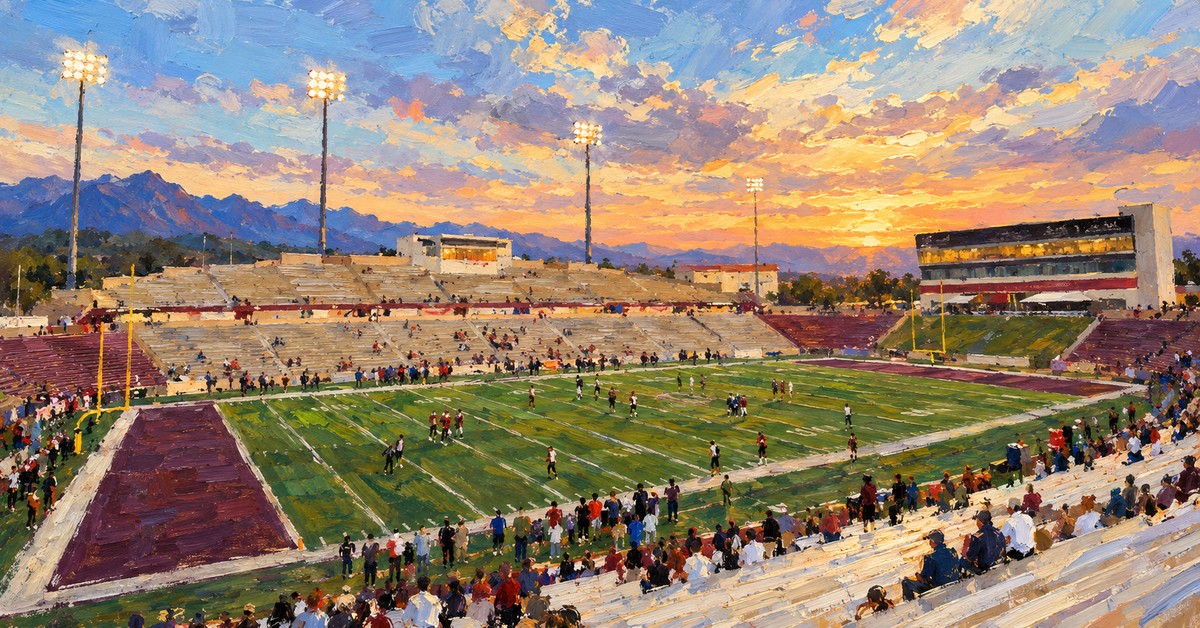 Editorial oil painting of Aggie Memorial Stadium in Las Cruces, with abstracted signage and anonymous figures.
