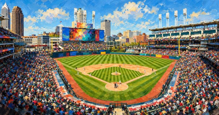 Editorial oil painting of Progressive Field in Cleveland, with abstracted signage and anonymous figures.