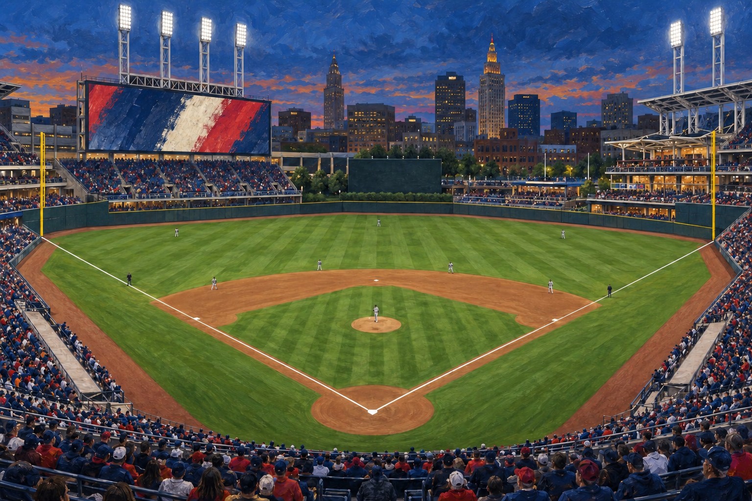 Editorial oil painting of Progressive Field in Cleveland at blue hour, with its baseball diamond, white steel structures and downtown backdrop.