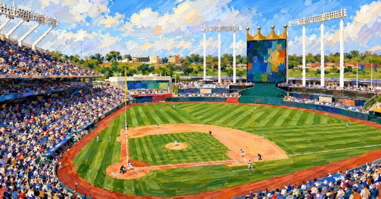 Editorial oil painting of Kauffman Stadium in Kansas City, with abstracted signage and anonymous figures.