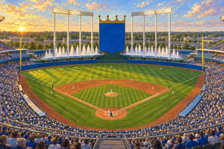 Oil painting of Kauffman Stadium on baseball game day
