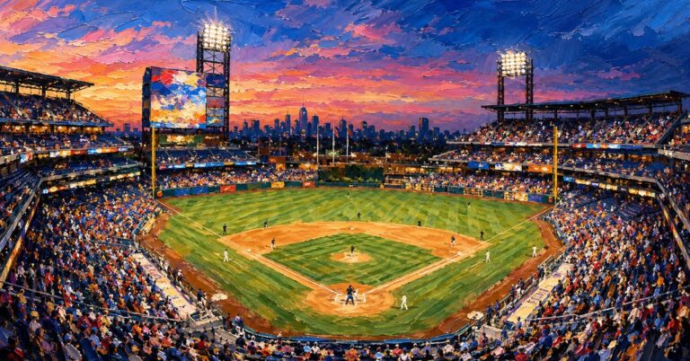Editorial oil painting of Citizens Bank Park in Philadelphia, with abstracted signage and anonymous figures.