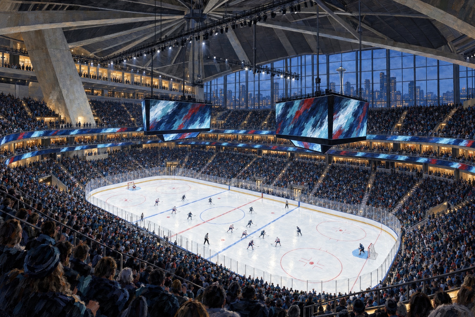 Illustrated interior of Climate Pledge Arena in Seattle during a professional ice hockey game