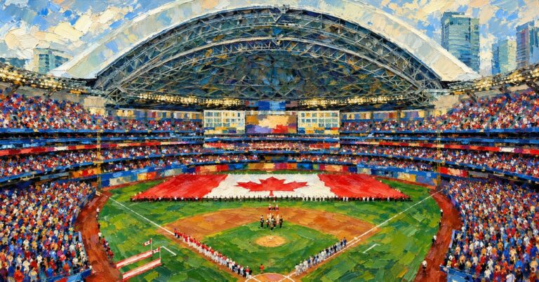 Editorial oil painting of Rogers Centre in Toronto, with anonymous painterly figures and abstracted signage.