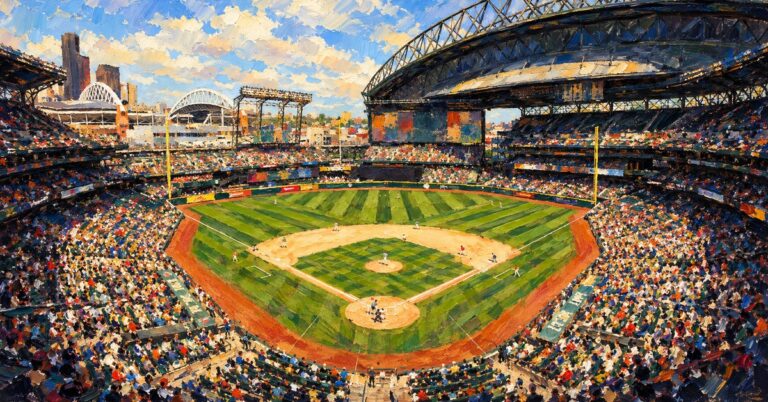 Editorial oil painting of T-Mobile Park in Seattle, with anonymous painterly figures and abstracted signage.