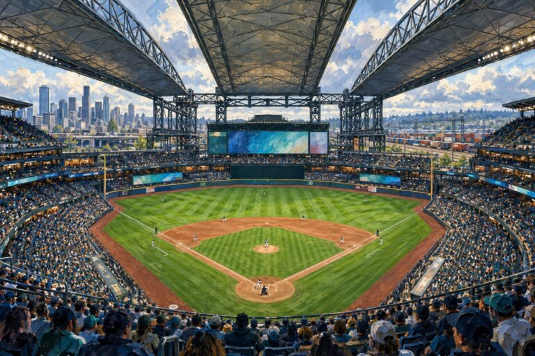 Oil painting of T-Mobile Park on baseball game day