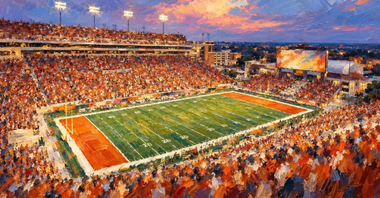 Editorial oil painting of DKR-Texas Memorial Stadium in Austin, with anonymous painterly figures and abstracted signage.