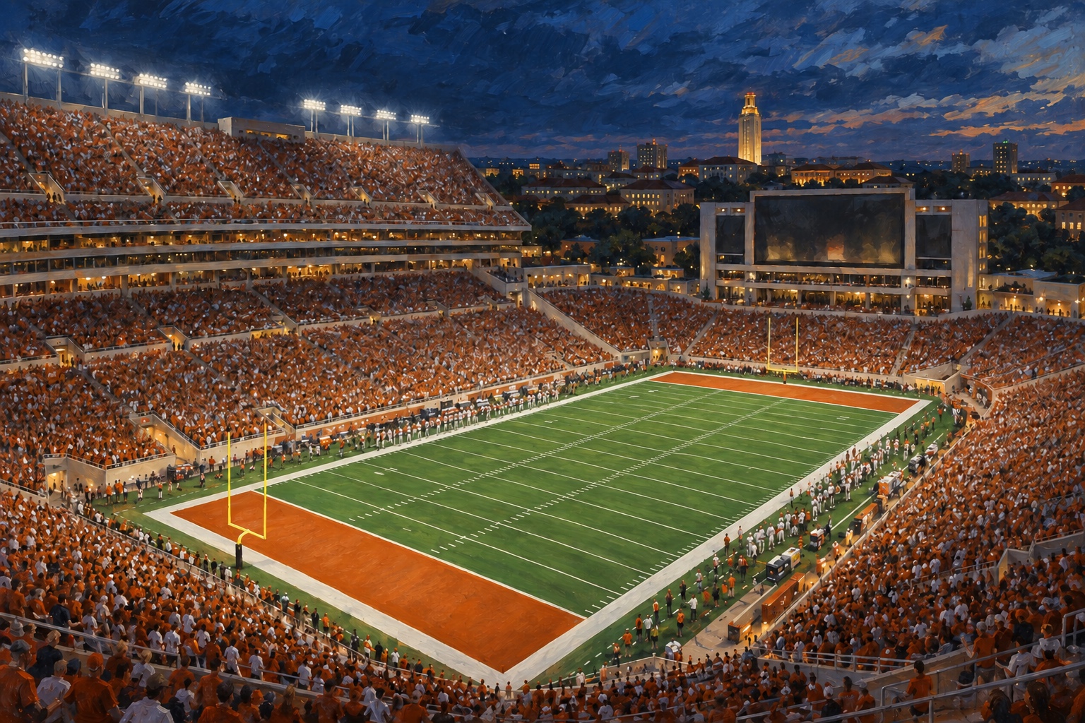 Editorial oil painting of Darrell K Royal–Texas Memorial Stadium in Austin at blue hour