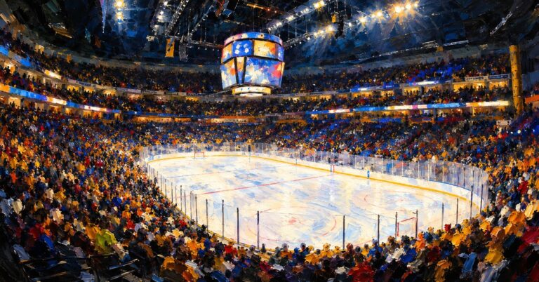 Editorial oil painting of Bridgestone Arena in Nashville, with anonymous painterly figures and abstracted signage.