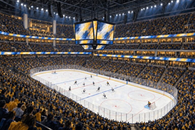 Illustrated interior of Bridgestone Arena in Nashville during a professional ice hockey game