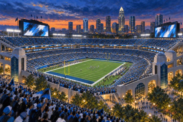 Oil painting of Bank of America Stadium in Charlotte during a football game day