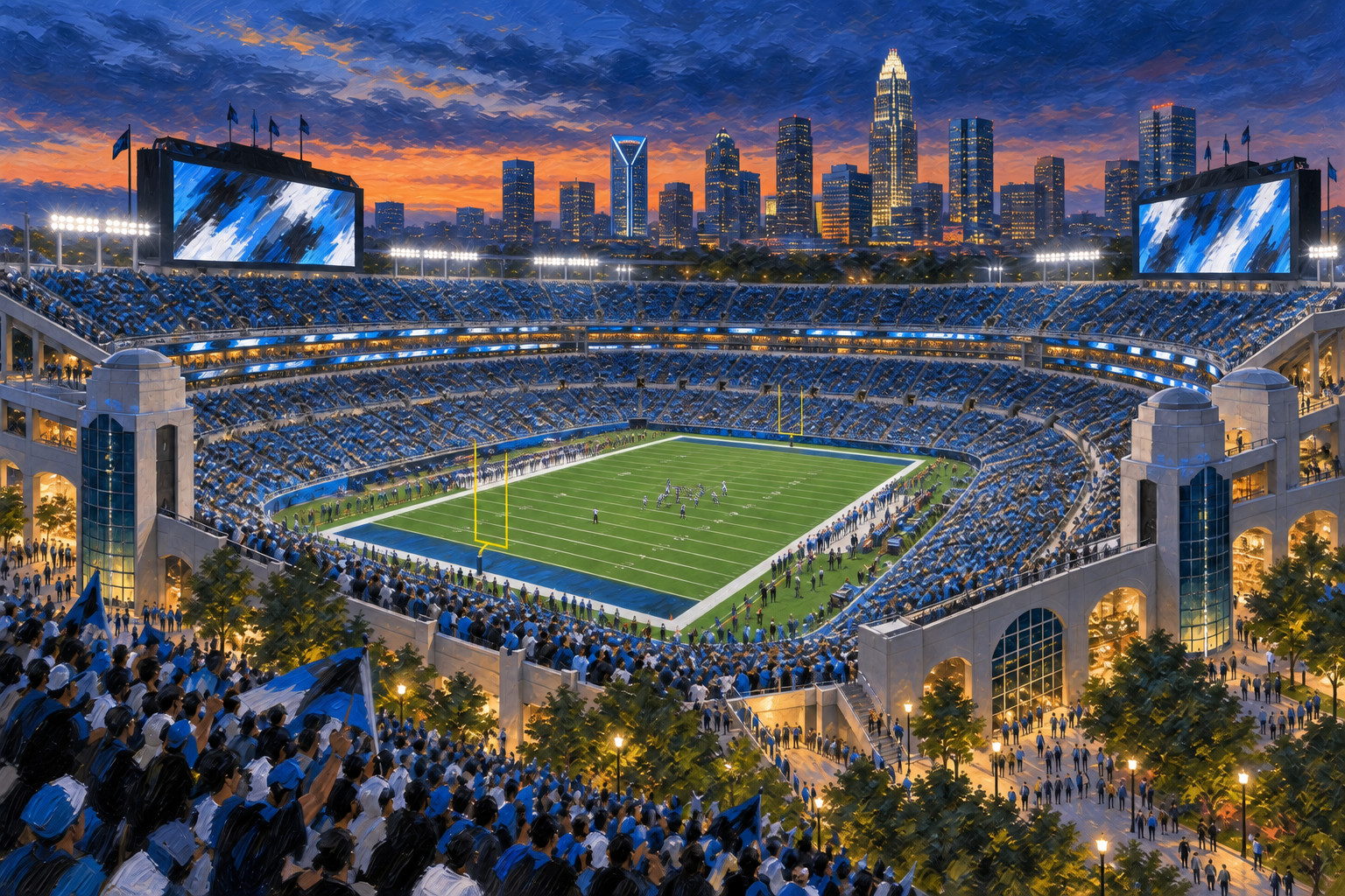 Oil painting of Bank of America Stadium in Charlotte during a football game day