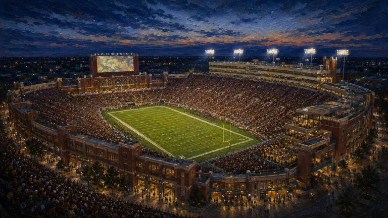 Editorial oil painting of Doak Campbell Stadium in Tallahassee at blue hour