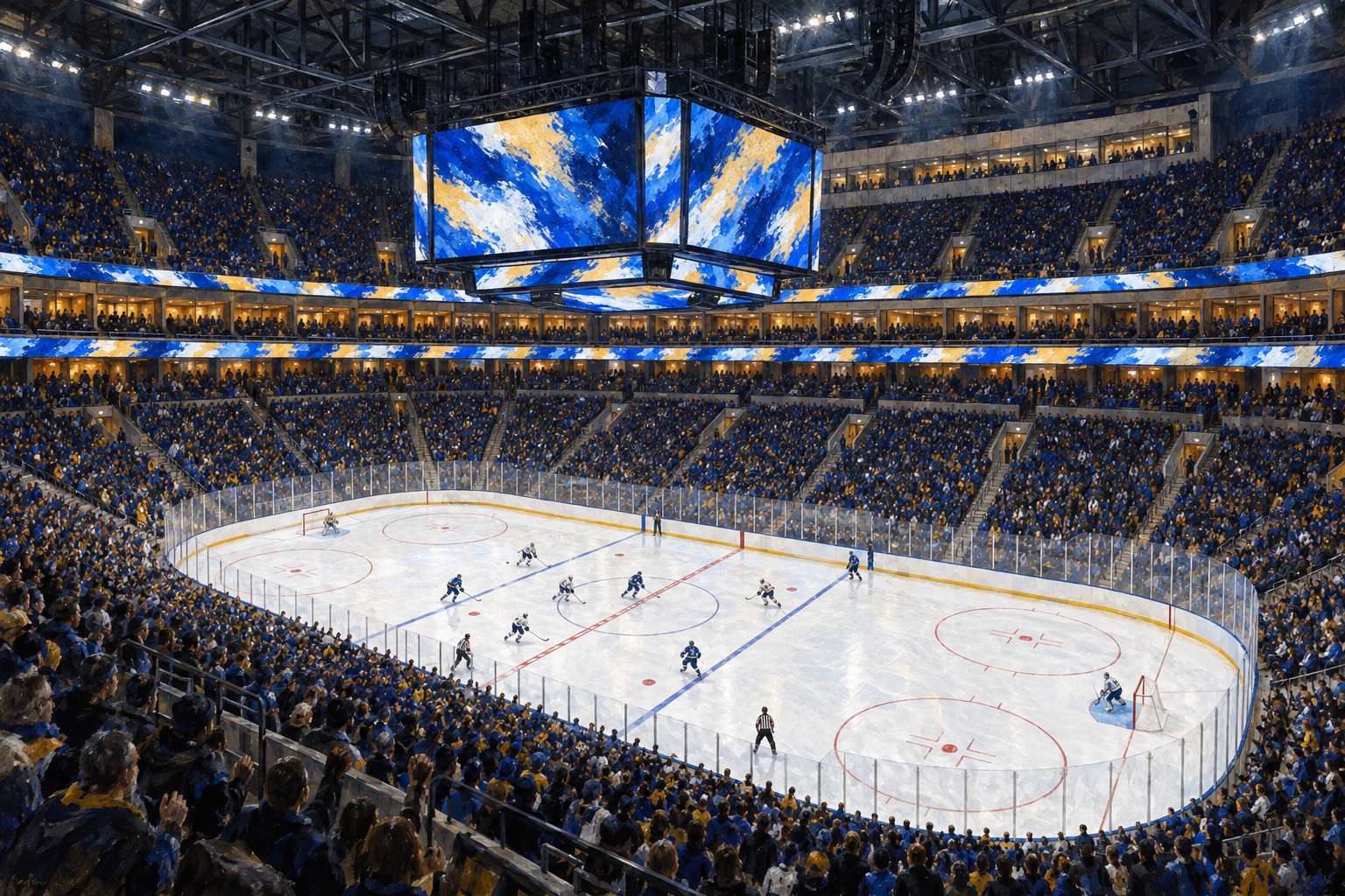 Illustrated interior of KeyBank Center in Buffalo during a professional ice hockey game