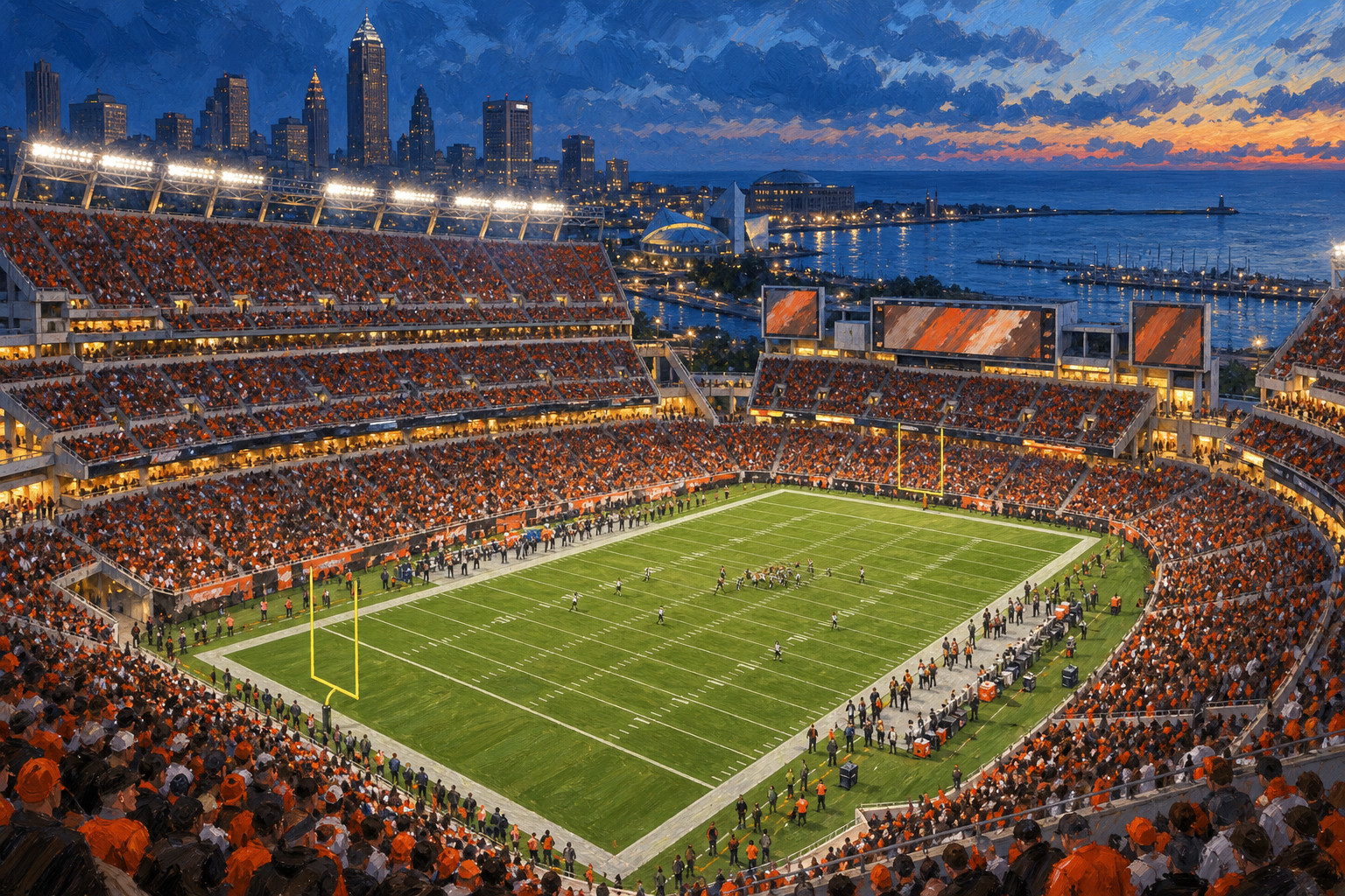 Painterly elevated view of Huntington Bank Field in Cleveland, showing the open-air football bowl, lively orange-and-brown crowd, downtown skyline, and Lake Erie at blue hour.