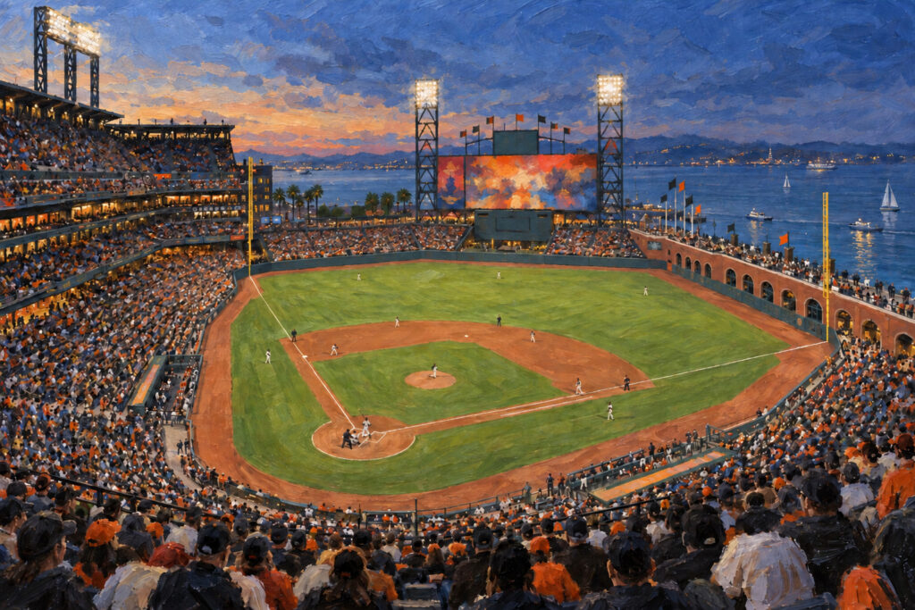 Oil painting of Oracle Park on game day