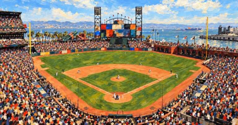 Editorial oil painting of Oracle Park in San Francisco