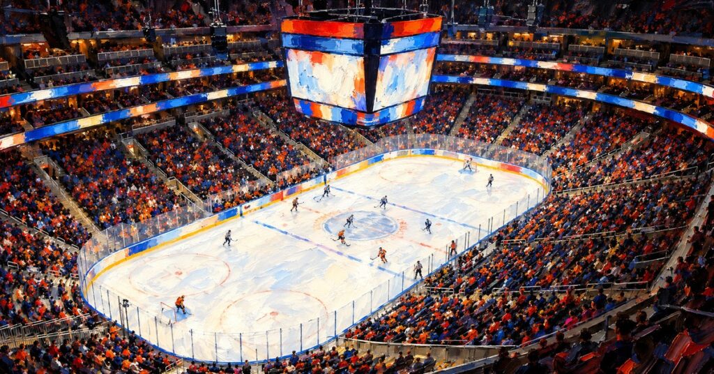Editorial oil painting of Rogers Place in Edmonton