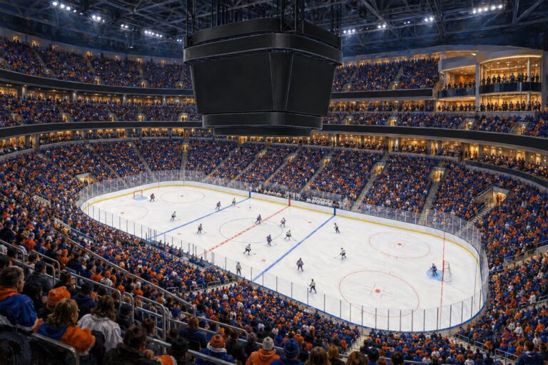 Editorial oil painting of Rogers Place during a professional hockey night game in Edmonton, Alberta.