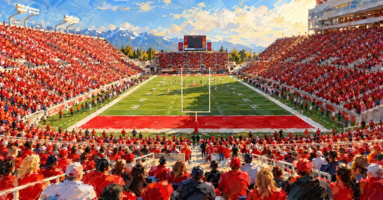 Editorial oil painting of Rice-Eccles Stadium in Salt Lake City