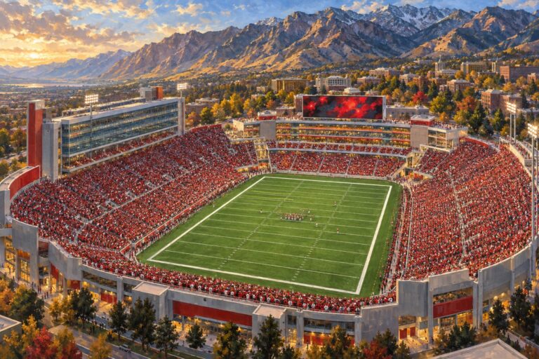 Painterly aerial view of a packed Utah football game at Rice-Eccles Stadium beneath the Wasatch Mountains