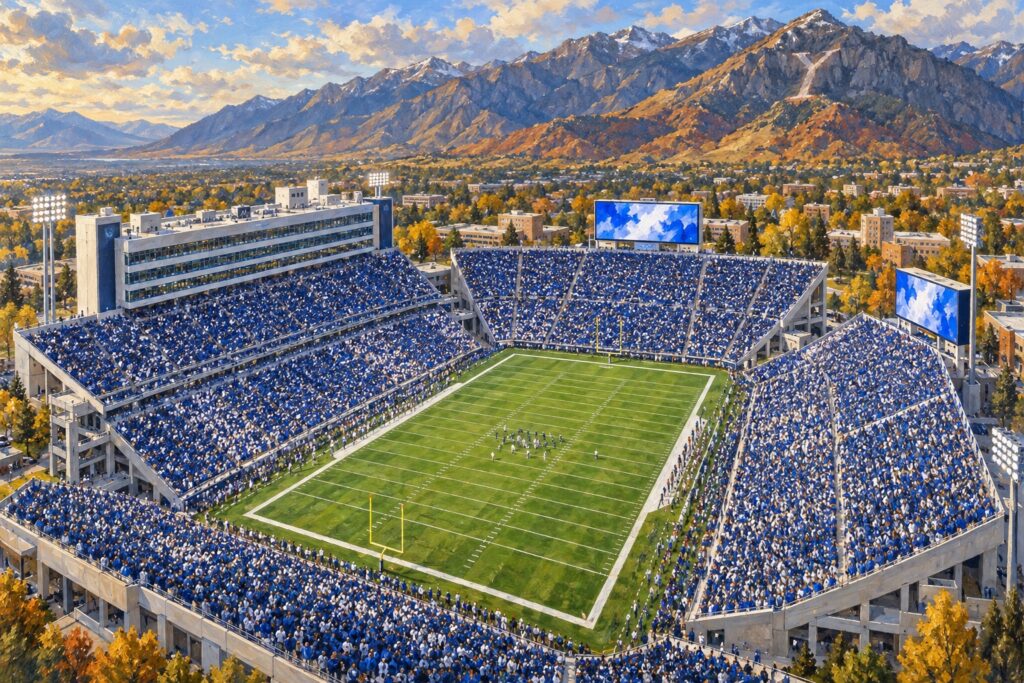 Oil painting of LaVell Edwards Stadium in Provo during a BYU college football game