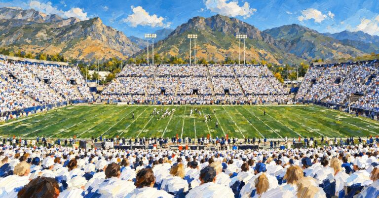Editorial oil painting of LaVell Edwards Stadium in Provo