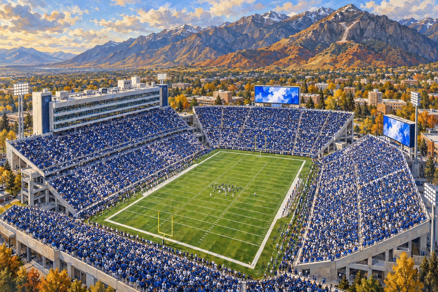 Oil painting of LaVell Edwards Stadium in Provo during a BYU college football game