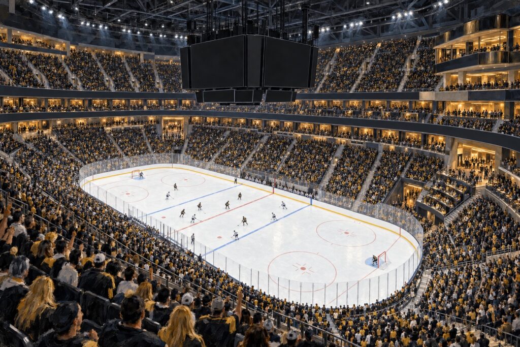 Editorial oil painting of T-Mobile Arena during a professional hockey night game in Las Vegas, Nevada.