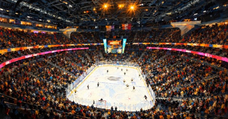 Editorial oil painting of T-Mobile Arena in Las Vegas