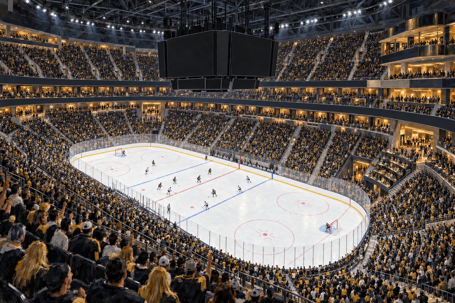 Editorial oil painting of T-Mobile Arena during a professional hockey night game in Las Vegas, Nevada.
