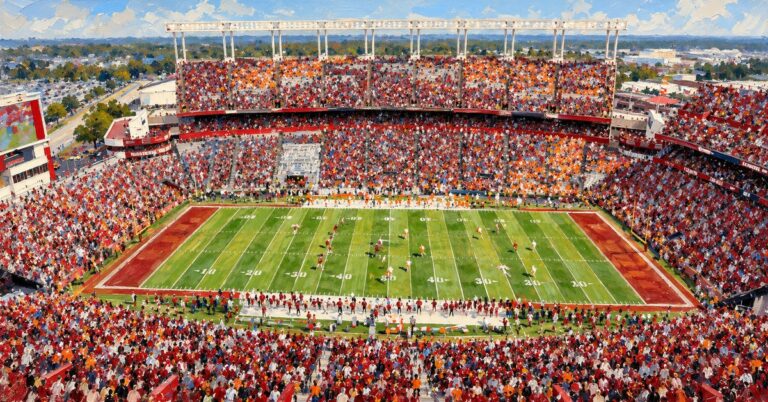Editorial oil painting of Williams-Brice Stadium in Columbia