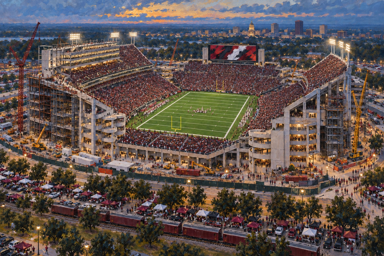 Oil painting of Williams-Brice Stadium in Columbia during a packed South Carolina football game amid 2026 construction