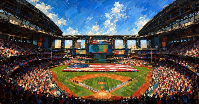 Editorial oil painting of Chase Field in Phoenix