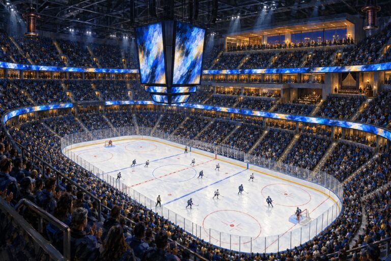 Illustrated interior of Benchmark International Arena in Tampa during a professional ice hockey game
