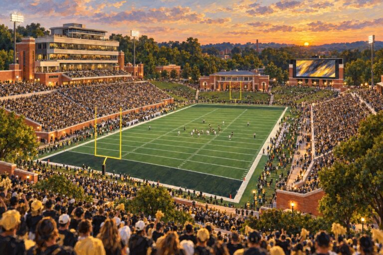 Oil painting of Allegacy Federal Credit Union Stadium during a packed Wake Forest football game