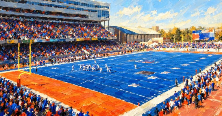 Editorial oil painting of Albertsons Stadium in Boise