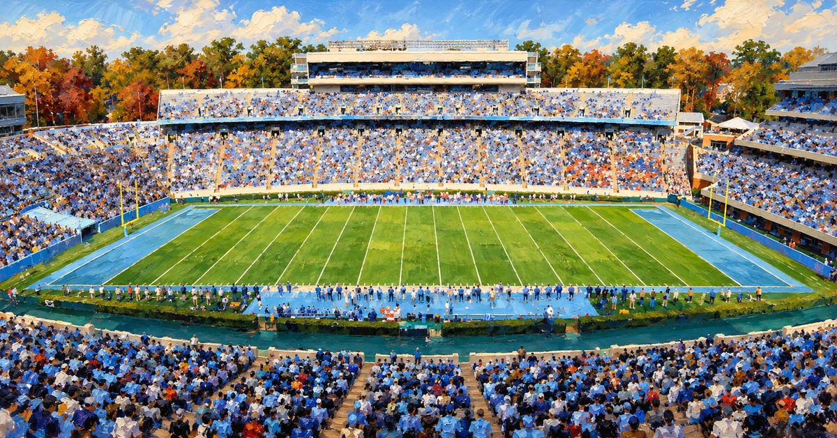 Editorial oil painting of Kenan Stadium in Chapel Hill.