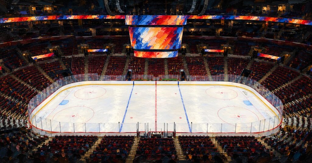 Editorial oil painting of Amerant Bank Arena in Sunrise.