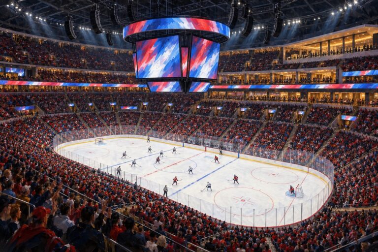Illustrated interior of Amerant Bank Arena in Sunrise during a professional ice hockey game
